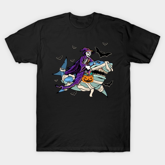 Skeleton Riding Mummy Shark Halloween Costume T-Shirt by antrazdixonlda